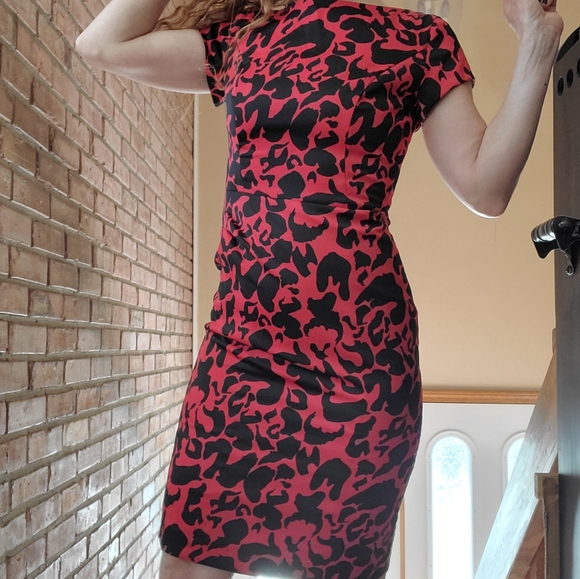 Venus Leopard Print Cap Sleeve Fitted Dress Red - Picture 10 of 12